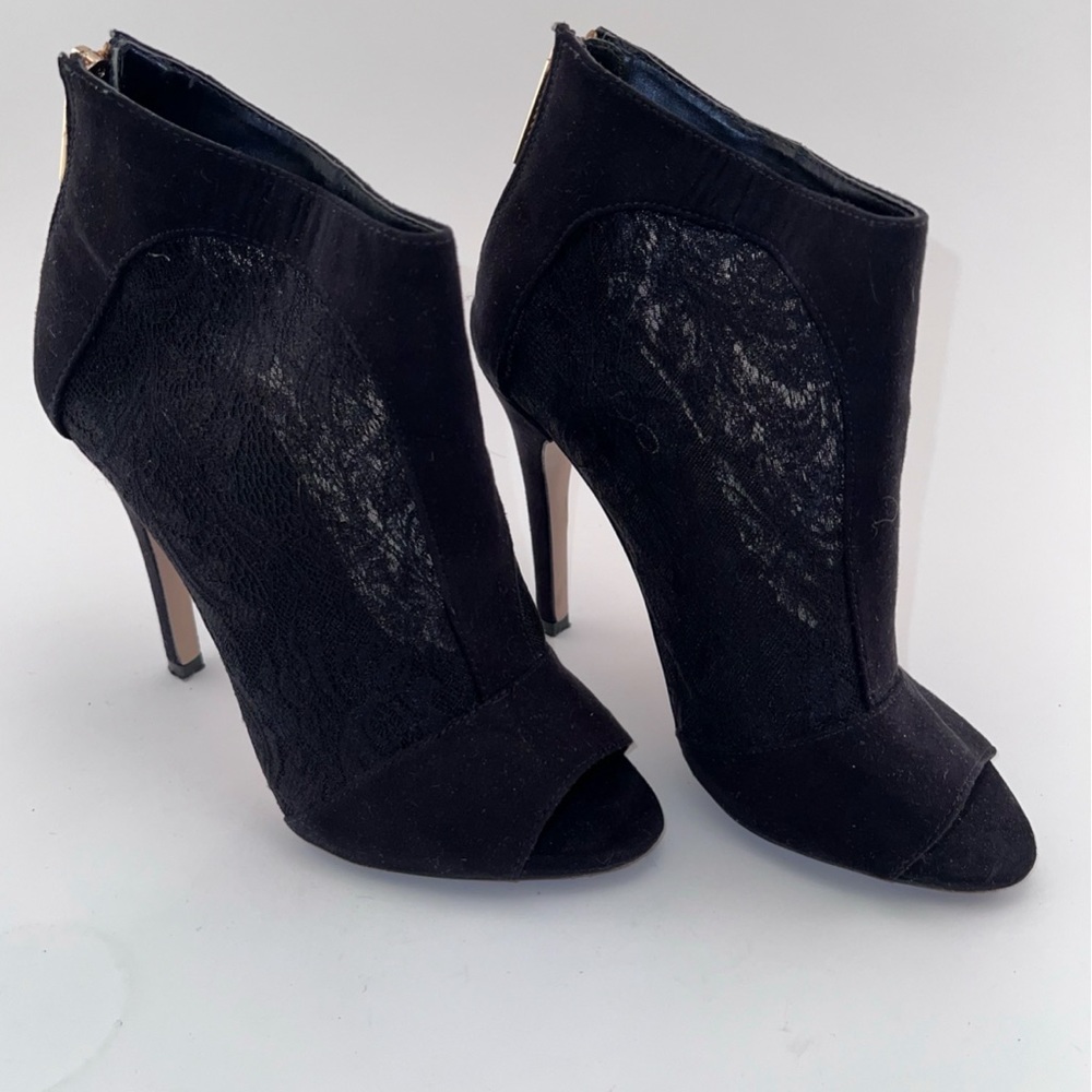 Aldo Black Lace Peeptoe Heeled Booties Suede Size 38